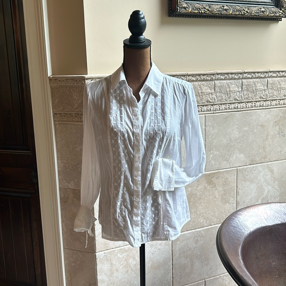Madison Studio Sz S White Button down Embroidered detail and tie cuff sleeves